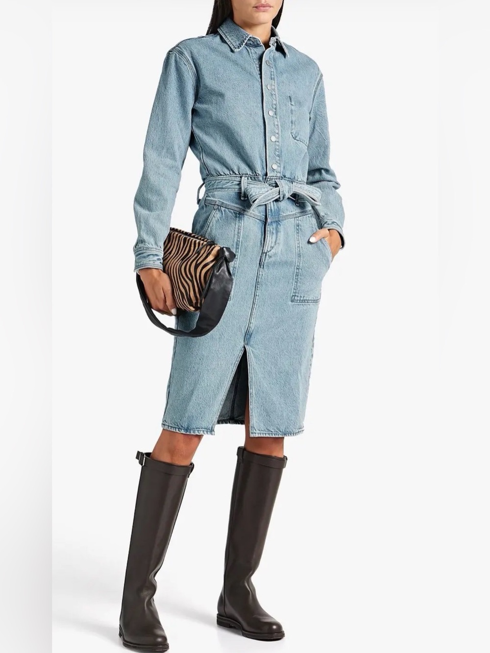 Rag & Bone Mia Denim Shirt Dress XS Clean Lou Belted Snap Front Midi 100% Cotton